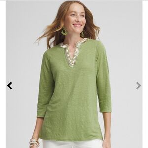 CHICO’S Size L Green Linen Embellished Tunic New Without Tag